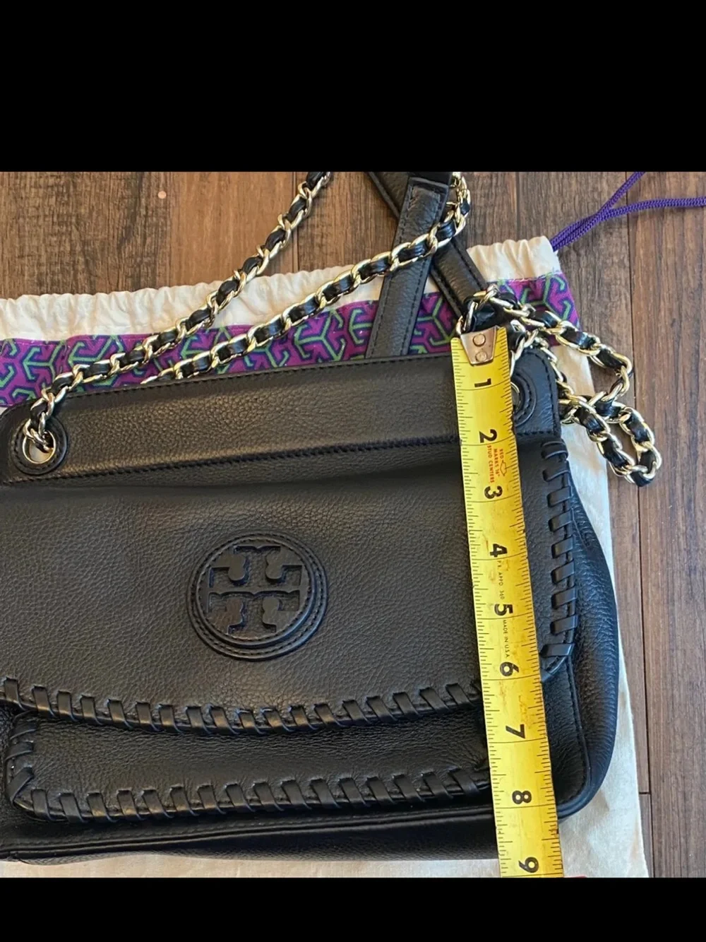 Tory Burch Marion Black Leather Shoulder Bag with Gold Chain